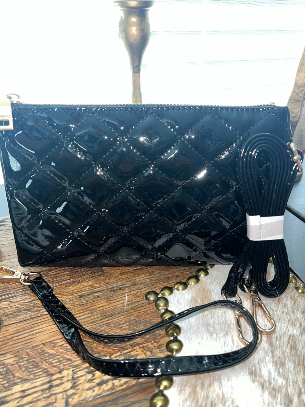 Jen & Co Black Quilted Patent Crossbody Wristlet